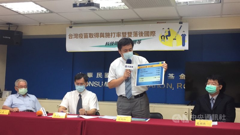中華民國消費者文教基金會14日舉行記者會指出,對照英國、美國等武漢肺炎(2019冠狀病毒疾病,COVID-19 )疫苗施打進度,台灣在取得、施打率都低,呼籲設法多元管道取得疫苗,提高施打率。中央社記者楊淑閔攝 110年5月14日