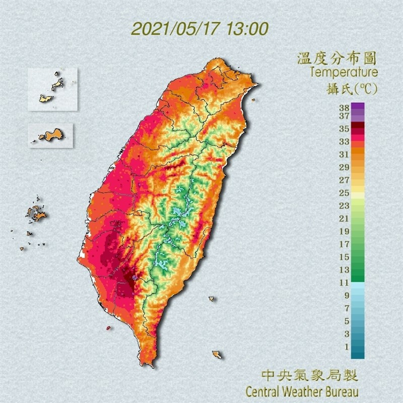全台17日各地炎熱,根據氣象局官網,最高溫落在台南。(圖取自中央氣象局網頁cwb.gov.tw)