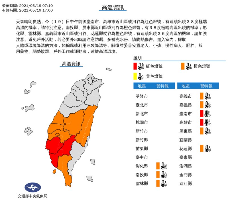 中央氣象局19日更新高溫資訊,天氣晴朗炎熱,中午前後台南市、高雄市近山區或河谷為紅色燈號。(圖取自中央氣象局網頁cwb.gov.tw)