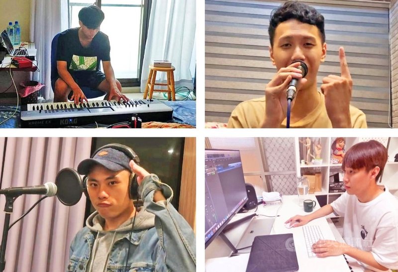 台北城市科技大學流行音樂系4名學生林瑞庭（左上）、林泓辰（右上）、李威漢（左下）、張宋（右下）接力創作歌曲「乖乖待好」，在網路上獲得好評。（城市科大提供）中央社記者陳至中台北傳真 110年5月21日