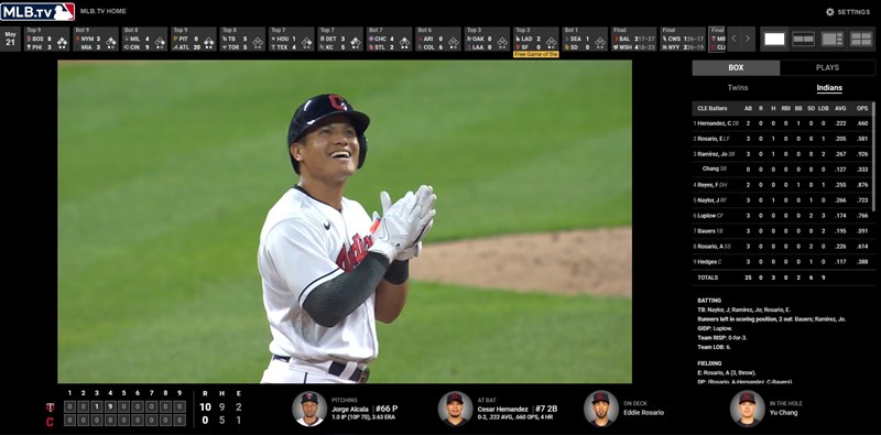 MLB克里夫蘭印地安人隊內野手張育成21日在與明尼蘇達雙城之戰中,8局下敲出二壘安打,在壘上展露笑容。(圖取自MLB網頁mlb.com)