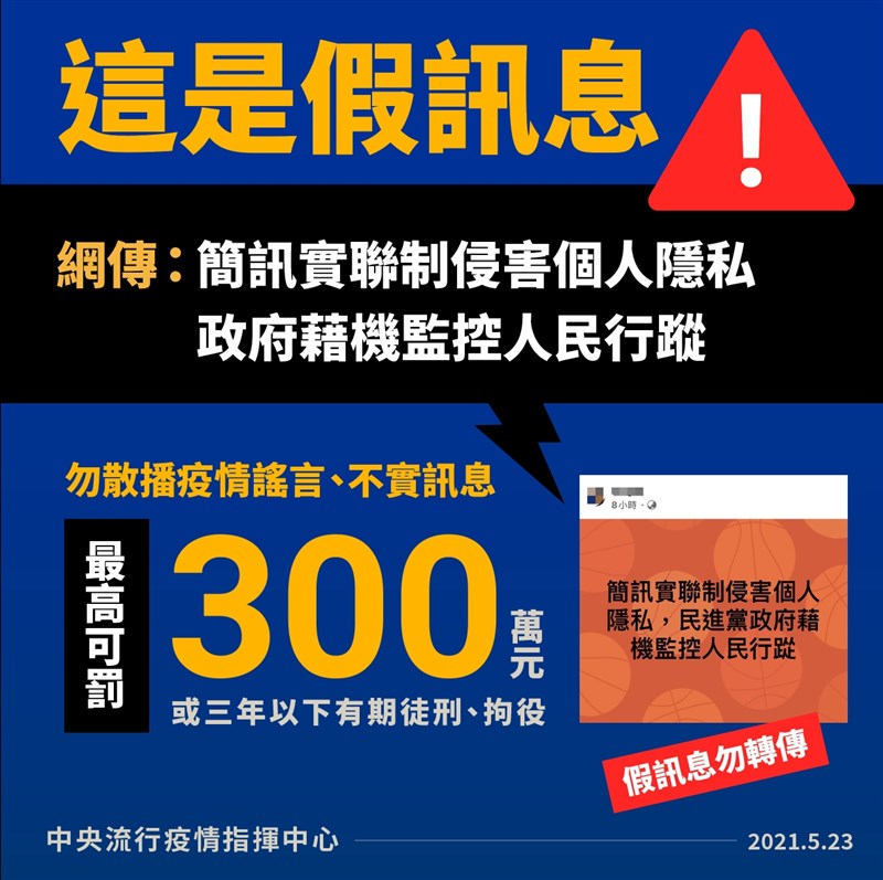 近日臉書流傳「簡訊實聯制侵害個人隱私,政府藉機監控人民行蹤」等流言,中央流行疫情指揮中心今天嚴正澄清,此為不實訊息。(指揮中心提供)