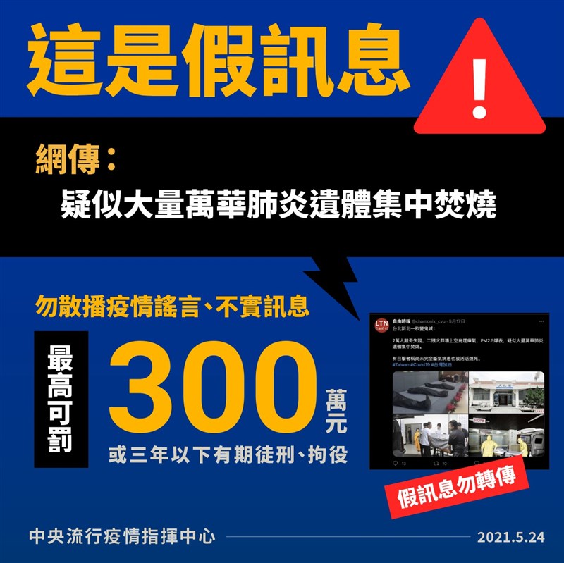 近日網路流傳「疑似大量萬華肺炎遺體集中焚燒」，指揮中心23日嚴正澄清，此為境外不實訊息，勿轉傳散布。（指揮中心提供）