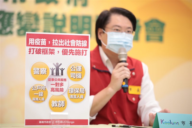 基隆市長林右昌(圖)26日在線上記者會呼籲中央,除第一優先的醫護人員外,警察、公共運輸的司機、環保局清潔人員、教師及公戶所第一線服務人員,也應該列入疫苗的優先施打對象,才能建立起社會防線。(基隆市政府提供)中央社記者王朝鈺傳真 110年5月26日