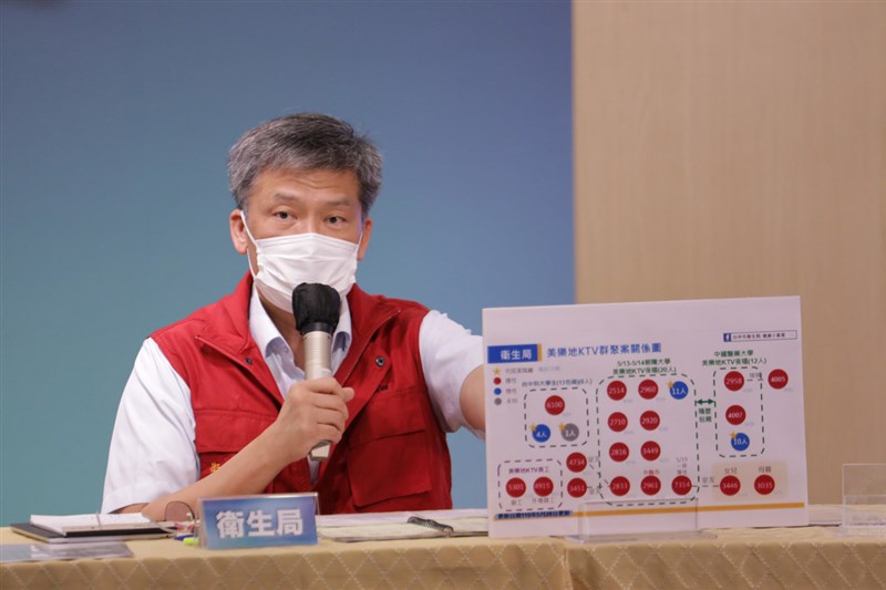 台中市衛生局長曾梓展28日在疫情記者會中指出,朝陽科大美樂地KTV群聚案再增加確診個案的室友,目前累計19人確診。(台中市政府提供)中央社記者趙麗妍傳真 110年5月28日