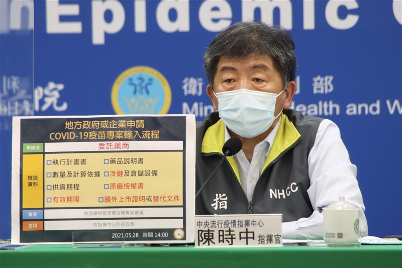 疫情指揮中心指揮官陳時中29日表示,這兩天收到許多企業或宗教團體的訊息,希望協助購買疫苗,感謝各界熱心幫忙,強調基於疫苗安全及有效性,可合作並由政府統籌向原廠簽約採購。圖為28日陳時中公布疫苗專案輸入流程。(指揮中心提供)