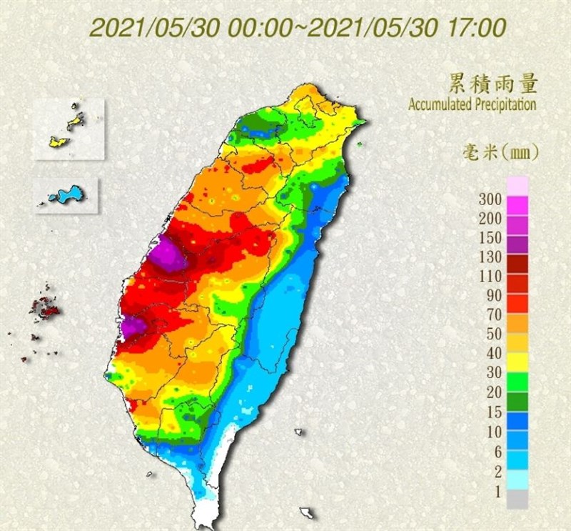 圖為30日零時至下午5時全台雨量累積情形。(圖取自中央氣象局網頁cwb.gov.tw)