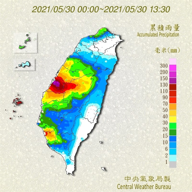 圖為30日零時至下午1時30分全台雨量累積情形。（圖取自中央氣象局網頁cwb.gov.tw）