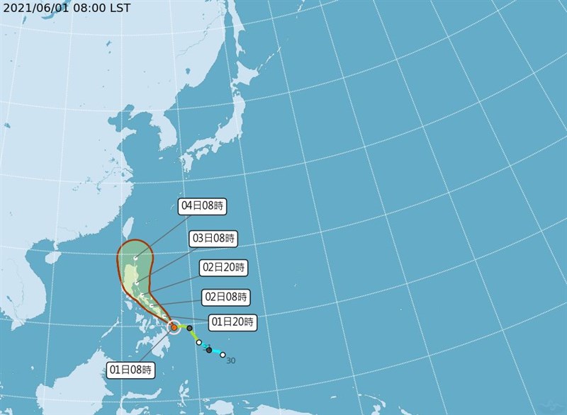 颱風彩雲1日持續往西北方向朝菲律賓東方近海前進,預計3日前後強度將逐漸減弱,對台灣的天氣不會有直接影響。(圖取自中央氣象局網頁cwb.gov.tw)