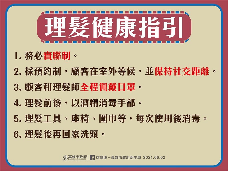 受到武漢肺炎疫情衝擊,各行業皆受影響,高雄市政府2日公布「理髮健康指引」,呼籲有需求民眾採預約及實聯制,並全程戴好口罩,落實並減少感染風險。(高雄市政府提供)中央社記者王淑芬傳真 110年6月2日