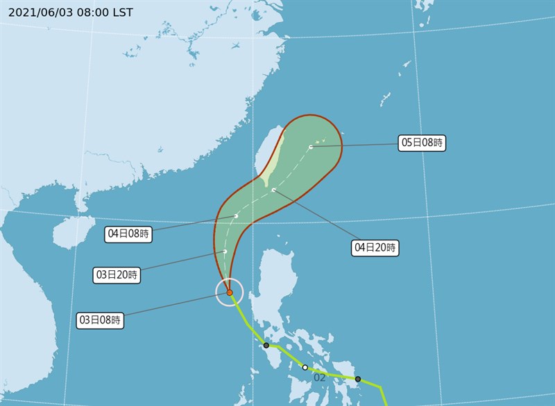 中央氣象局3日上午8時的預測圖顯示,4日颱風彩雲朝台灣南部移動。(圖取自中央氣象局網頁cwb.gov.tw)