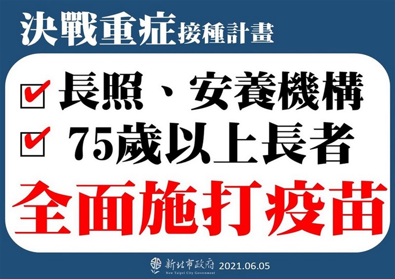 因應疫苗將陸續到位,新北市政府5日表示,疫苗接種計畫將把長照、安養機構的照顧者與被照顧者,以及「重熱區」75歲以上長者列為優先施打對象。(新北市政府提供)中央社記者黃旭昇新北市傳真 110年6月5日