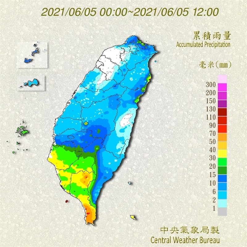 圖為5日零時至中午12時全台累積雨量情形。(圖取自中央氣象局網頁cwb.gov.tw)