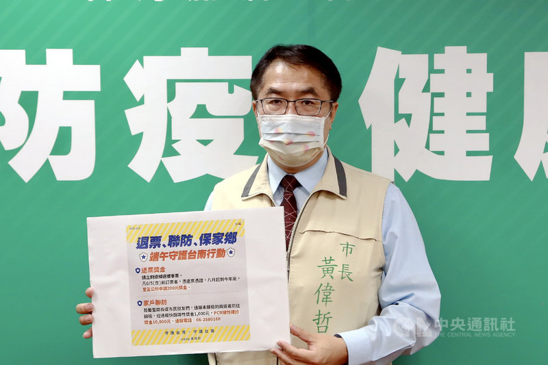 台南市政府6日宣布實施端午連假守護台南行動,市長黃偉哲指出,市府發起「退票、聯防、保家鄉」活動,透過「退票獎金」和「家戶聯防」等措施來勸阻民眾別急著在端午連假返鄉,民眾若把5日以前訂好的票退掉,可憑退票憑證至區公所申請獎金新台幣200元。(台南市政府提供)中央社記者楊思瑞台南傳真 110年6月6日