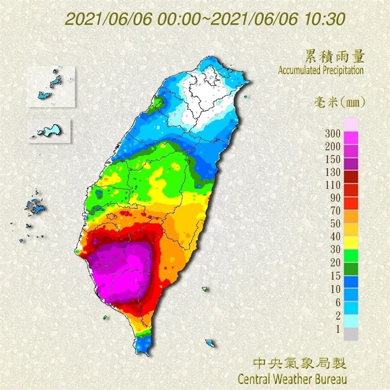 中央氣象局資料,屏東北部山區霧台鄉佳暮測雨站6日雨量截至上午9時,有309毫米,累計2天雨量530毫米,雨量都冠全台。(圖取自氣象局網頁cwb.gov.tw)