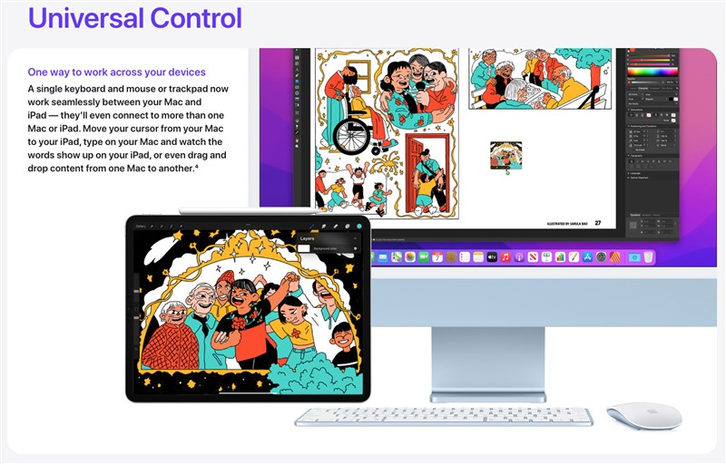 MacOS新軟體可支援「一手掌控」(universal control)功能,使用者透過滑鼠或鍵盤,就能同時控制iMac桌機、MacBook手提電腦和iPad平板電腦。(圖取自蘋果公司網頁apple.com)