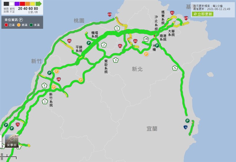 高速公路局說，預估11日全天國道交通量為73百萬車公里，在預期範圍，比疫情前平日還少，不見以往連假前夕下午至晚間就會湧返鄉車潮。（圖取自高公局網頁1968.freeway.gov.tw）