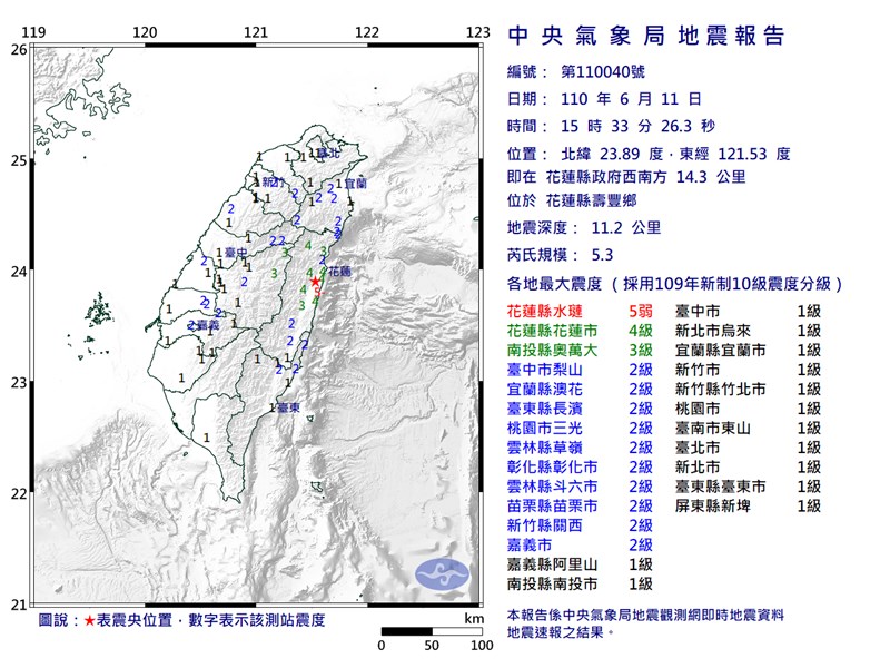 雙北也有感 11 16花蓮5 3有感地震最大震度花蓮4級