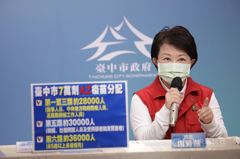 台中市長盧秀燕12日表示,市府已收到中央配發的7萬劑AZ疫苗,將優先提供第1至3類尚未接種者、住宿型機構及85歲以上長者施打;民政局已針對85歲以上長者製作通知單,無須另提申請,收到通知單再出門打疫苗即可。(台中市政府提供)中央社記者蘇木春傳真 110年6月12日