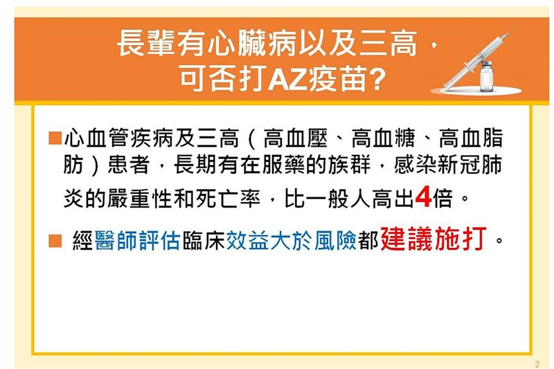 有關心血管疾病患者是否適合施打AZ疫苗,高雄醫學大學附設中和紀念醫院長鍾飲文13日表示,心血管疾病及有高血壓、高血脂及高血糖患者,長期在服藥族群感染武漢肺炎嚴重性和死亡率高出一般人4倍,經醫師評估臨床效益大於風險都建議施打。(高雄市政府提供)中央社記者王淑芬傳真 110年6月13日