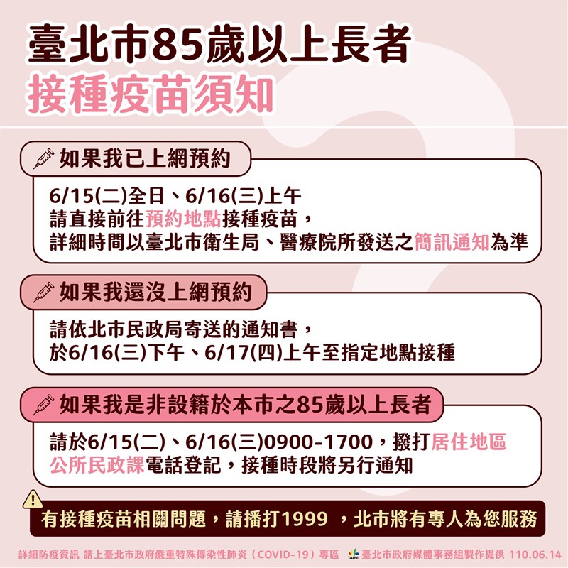 台北市政府14日公布85歲以上長者接種COVID-19疫苗須知。(台北市政府提供)