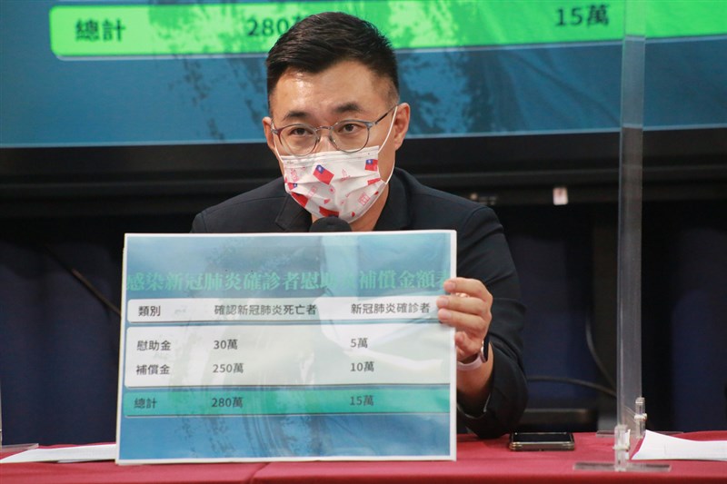國民黨主席江啟臣15日表示,將請國民黨立法院黨團提案,要求對因新冠肺炎死亡者發給新台幣30萬元慰助金、250萬元補償金,確診者5萬元慰助金、10萬元補償金。(國民黨提供)中央社記者劉冠廷傳真 110年6月15日