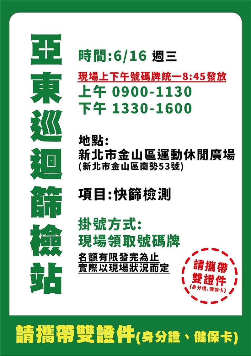 新北市金山區日前1人確診後,因家族群聚感染再增6例,金山區長廖武輝15日受訪表示,16日將在台大醫院金山分院附近設快篩站,呼籲近2週有到金山區中山路一帶的民眾都能前往接受篩檢。(新北市政府提供)中央社記者沈佩瑤傳真 110年6月15日