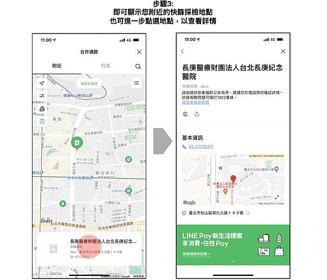行動支付服務LINE Pay新增「快篩採檢地圖」服務,可利用地圖定位快速查找鄰近的快篩採檢站。(圖取自LINE Pay網頁event-web.line.me)