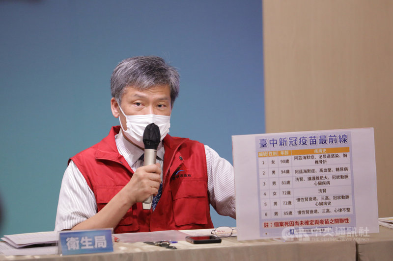 台中市衛生局長曾梓展(圖)18日指出,截至中午,台中疑因打疫苗後死亡個案共有6名長者,6人死亡前均曾注射疫苗,目前中央尚未釐清接種AZ疫苗與個案死亡間的關聯性,盼中央能儘速說明,讓民眾早日安心。(台中市政府提供)中央社記者郝雪卿傳真 110年6月18日