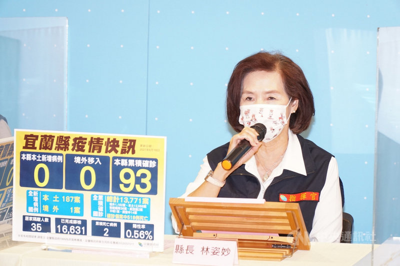 宜蘭縣長林姿妙18日在武漢肺炎(2019冠狀病毒疾病,COVID-19)防疫線上記者會說,宜蘭16日起為縣內88歲以上長者接種AZ疫苗,未接獲不良事件通報。(宜蘭縣政府提供)中央社記者沈如峰宜蘭縣傳真 110年6月18日