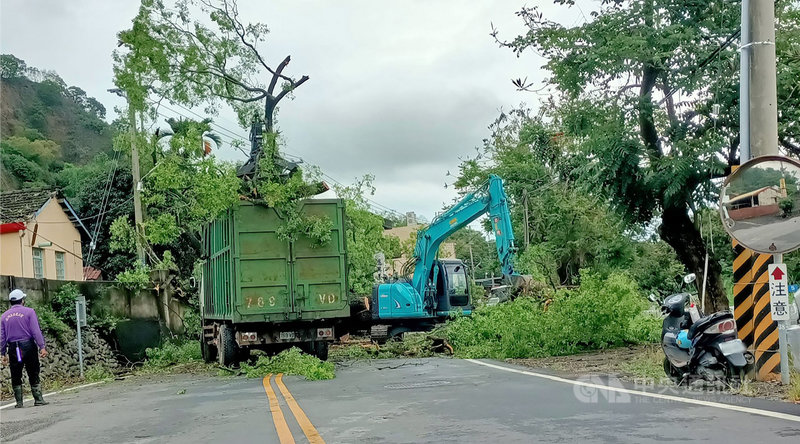 彰化地區20日上午下大雨,二水鄉員集路源泉派出所附近一棵百年老樟樹突然傾倒,橫躺馬路,來往車輛交通受阻,鄉公所獲報後立即調派民間挖土機等重型機具協助處理,到下午才將樟樹搬離,讓員集路恢復通行。(翻攝畫面)中央社記者吳哲豪傳真 110年6月20日