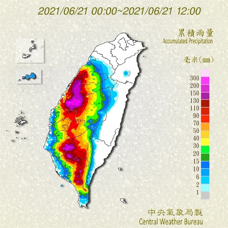 圖為21日零時至中午12時全台雨量累積圖。(圖取自中央氣象局網頁cwb.gov.tw)