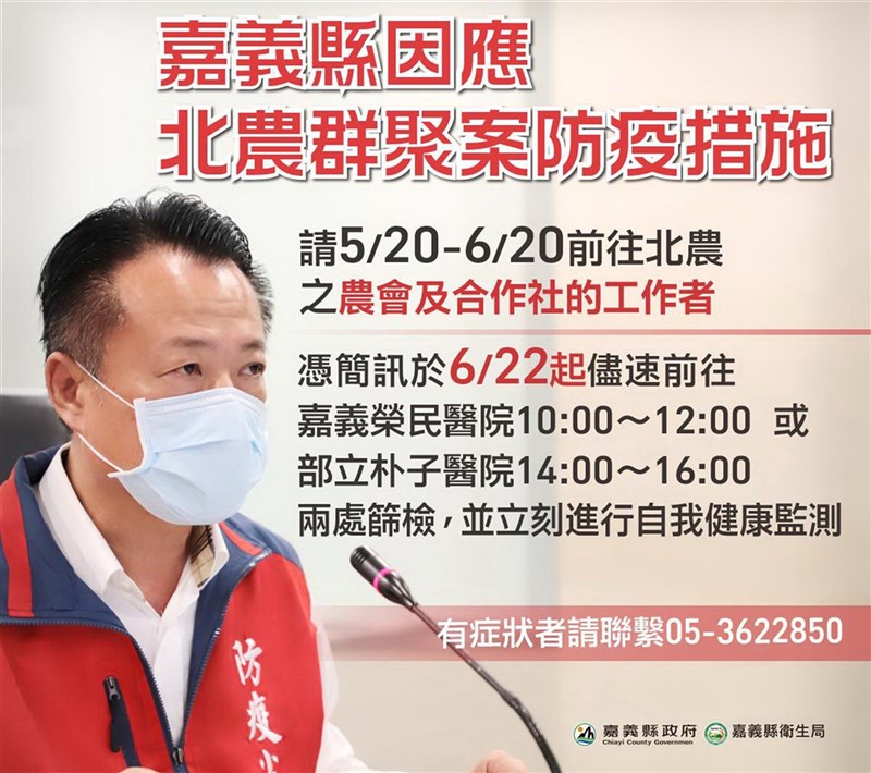 台北農產運銷公司爆發武漢肺炎群聚感染,至今45人確診且初步疫調顯示多個源頭,嘉義縣政府22日也針對農產運送鏈循線調查,匡列風險對象,針對與北農往來密切者103人啟動免費快篩服務。(嘉義縣政府提供)中央社記者蔡智明傳真 110年6月22日