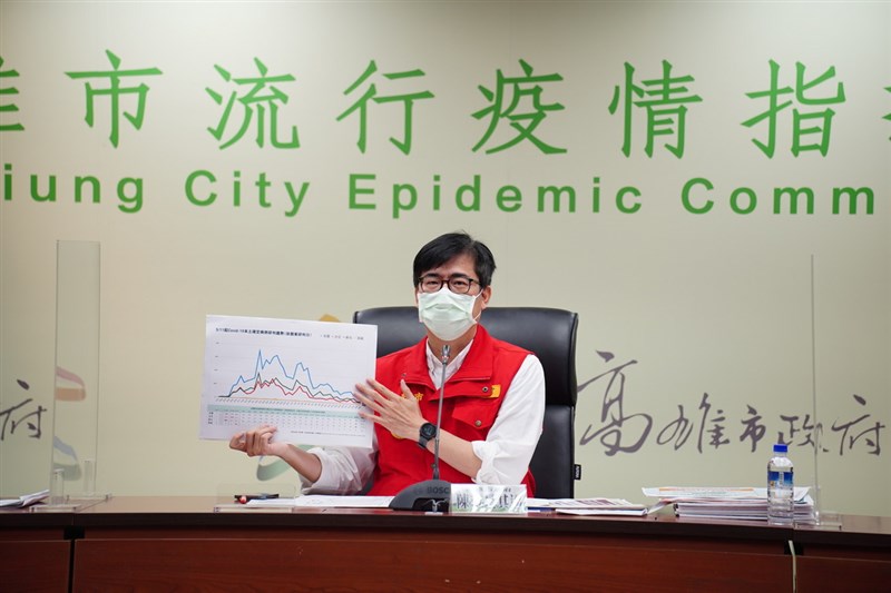 高雄市政府23日下午召開疫情應變會議,會後由陳其邁主持記者會,說明高雄市新增9例本土個案疫調及匡列情形,目前高雄累計確診本土案例72例。(高雄市政府新聞局提供)