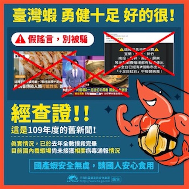 漁業署23日表示,近日網路上流傳「十足目虹彩甲殼類病毒,不要吃蝦」訊息是109年舊報導,已全面監測,並已銷毀零星案例,國產泰國蝦、白蝦都無虞,消費者可放心食用,並提醒不要轉傳或誤信假訊息。(漁業署提供)中央社記者楊淑閔傳真 110年6月23日