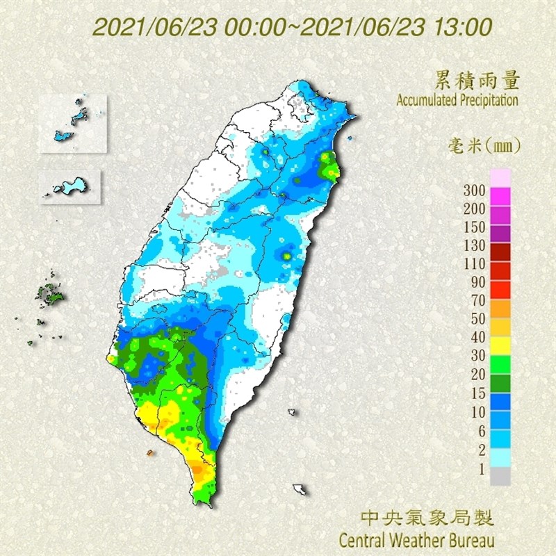 氣象局23日中午更新大雨特報,基隆、新北等10縣市防大雨。圖為23日零時至下午1時累積雨量圖。(圖取自中央氣象局網頁cwb.gov.tw)