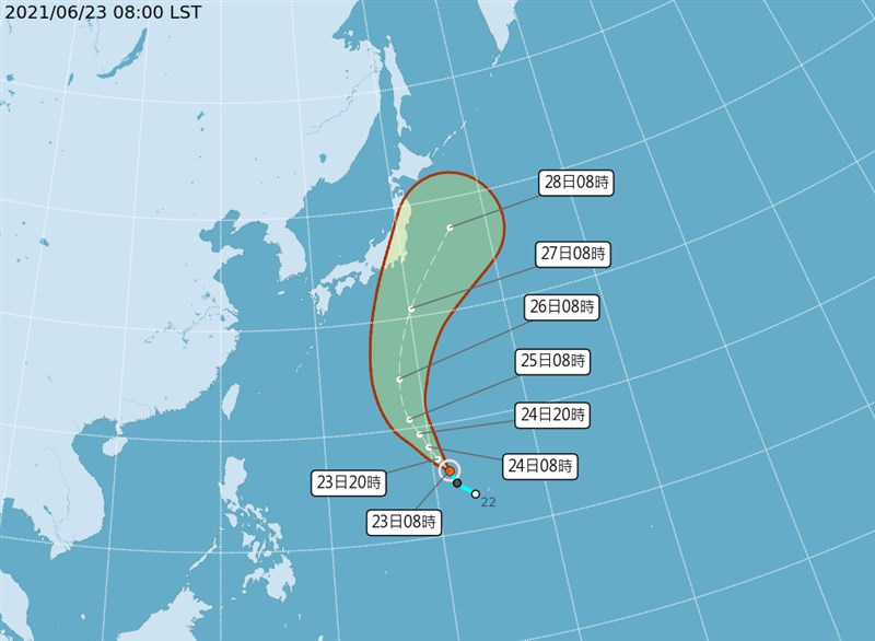 輕度颱風薔琵23日上午8時形成,預測朝北北西方向移動。(圖取自中央氣象局網頁cwb.gov.tw)
