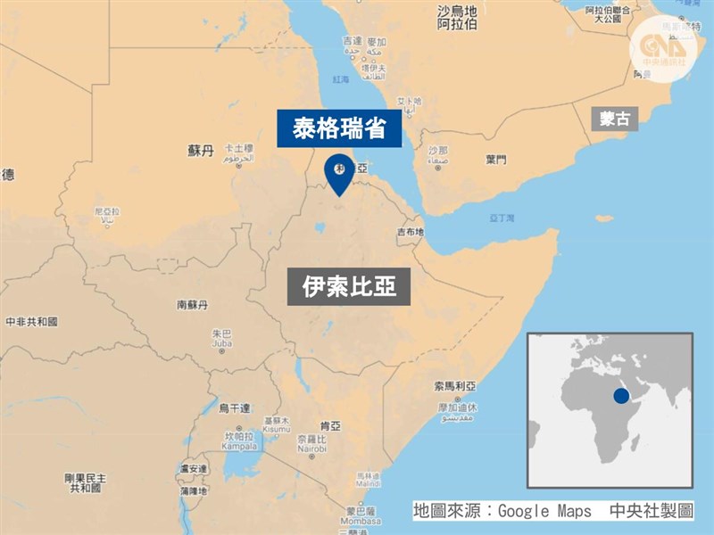 衣索比亞北部泰格瑞省一處繁忙的市場22日傳遭遇空襲。(中央社製圖)