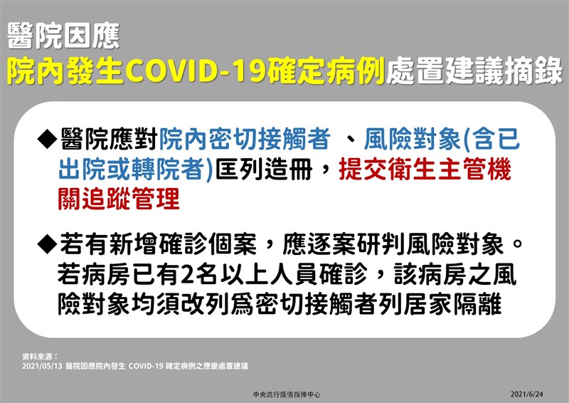 為圍堵醫院出現確診個案後的傳播風險,若病房2人以上確診,此病房所有風險對象(含出院、轉院者)列密切接觸者居家隔離。(指揮中心提供)
