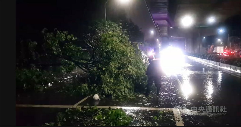 中央氣象局25日晚間發布高雄市及屏東縣豪雨特報,高雄市多處累積雨量已逾100毫米,大寮區市道188女子監獄前則有一顆路樹因雨勢過大倒在路上,幸未壓到人車,員警到場警戒,並通報清潔隊前來處理。(林園警分局提供)中央社記者洪學廣傳真 110年6月25日