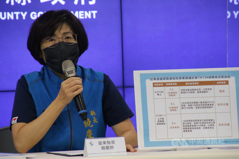 台東縣長饒慶鈴(圖)28日在疫情記者會中表示,台東目前有10人與枋寮果農確診個案14734有接觸而居家隔離中,其中2人PCR採檢陰性,其餘採檢中。(台東縣政府提供)中央社記者李先鳳傳真 110年6月28日