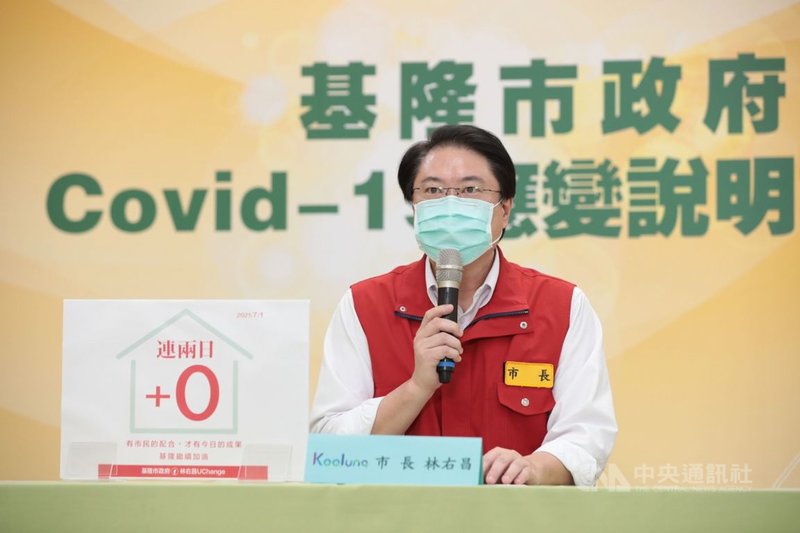 基隆市1日沒有新增武漢肺炎(COVID-19,2019冠狀病毒疾病)確診個案,不僅是近5日以來第3次「加零」,也是連續2天「加零」,市長林右昌表示,市民都非常努力,希望大家繼續保持成果。(基隆市政府提供)中央社記者王朝鈺傳真 110年7月1日