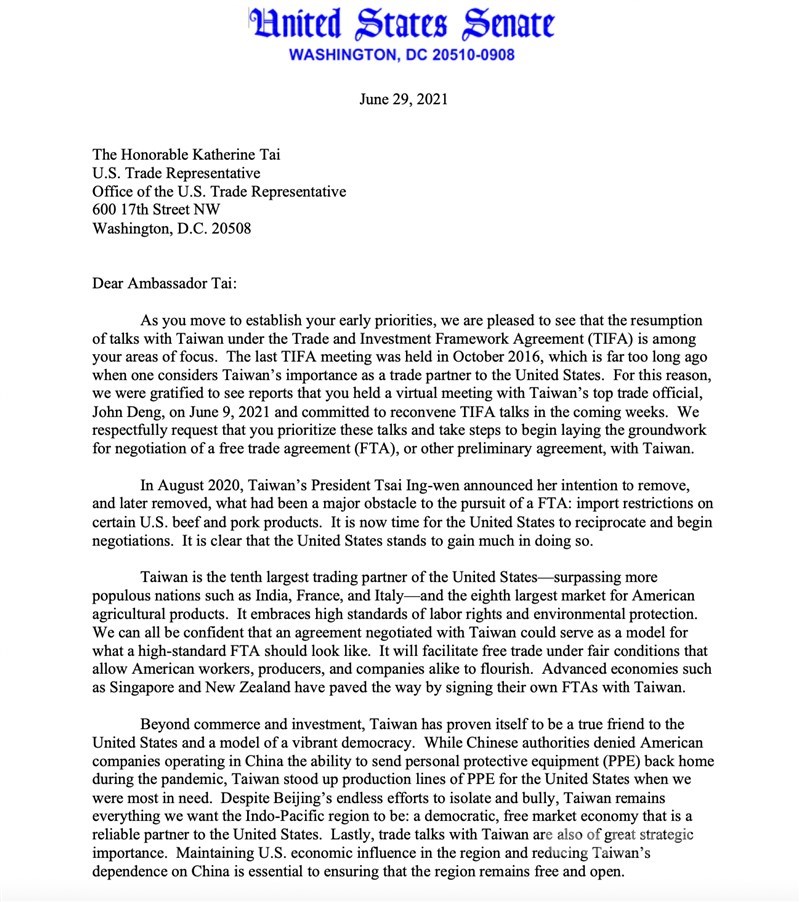 共和黨籍參議員盧比歐公開與民主黨籍參議員華納在TIFA復談前夕,偕同其他40名跨黨派參議員聯名致給戴琪的信件。(盧比歐辦公室提供)