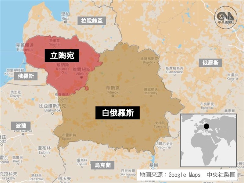 波羅的海三國之一的立陶宛與中歐的白俄羅斯邊界長達679公里。(中央社製圖)