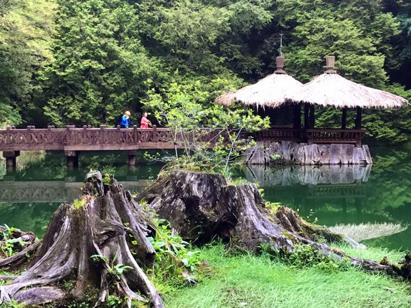 阿里山國家森林遊樂區13日微解封,首日入園人數不多,偌大的園區,姐妹潭只見一對夫妻。(嘉義林管處提供)中央社記者蔡智明傳真 110年7月13日