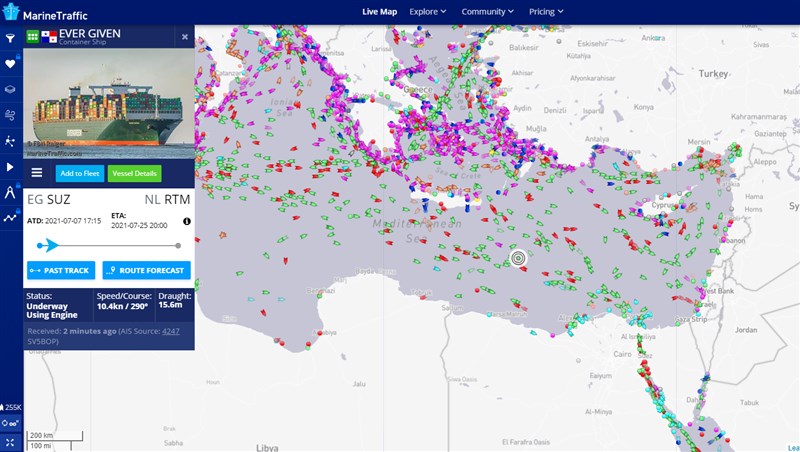 船隻追蹤網站MarineTraffic.com的資料顯示,長賜輪在埃及海岸北方的地中海航行,將繼續駛往荷蘭鹿特丹。(圖取自MarineTraffic網頁marinetraffic.com)