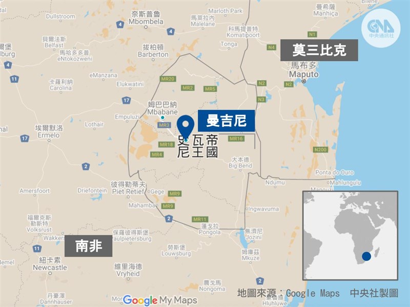 史瓦帝尼國王恩史瓦帝三世忽視人民要求民主改革的呼聲,16日任命克利奧帕斯接任總理。抗議群眾再度走上第2首都曼吉尼(藍標處)街頭。(中央社製圖)