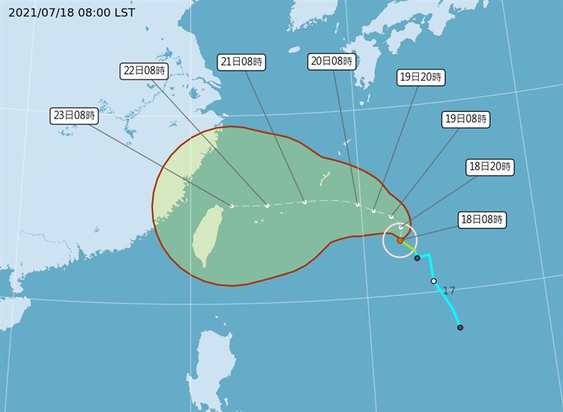 颱風烟花18日凌晨2時形成,根據中央氣象局資訊,18、19日對台灣天氣尚無直接影響,但強度有增強的趨勢,後續路徑不確定性仍高。(圖取自中央氣象局網頁cwb.gov.tw)