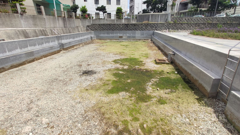 台東市立游泳池為天然湧泉,近期池水乾涸見底,長滿雜草清苔,卵石子裸露。民眾擔心若不善加維護,恐失去這麼好的天然泳池。中央社記者盧太城攝 110年7月19日