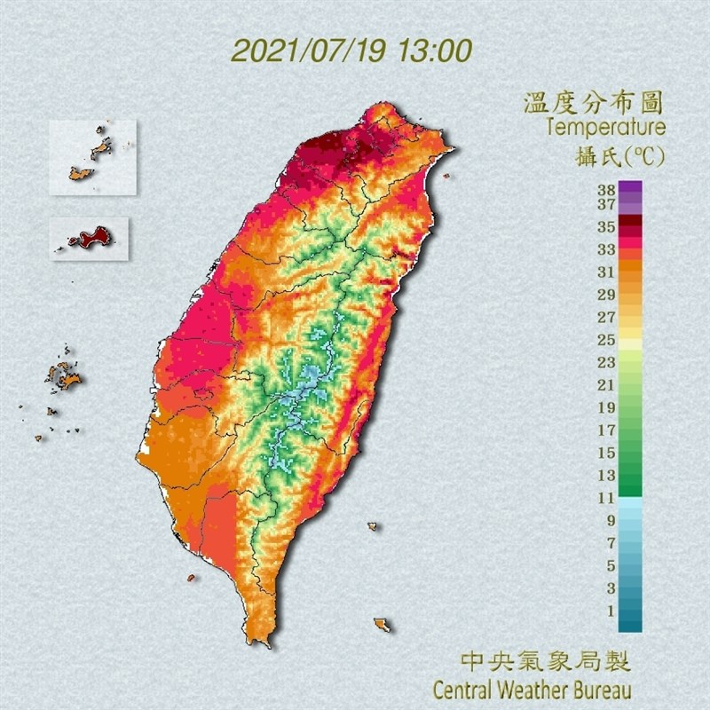 根據氣象局資料,19日最高溫出現在桃園市蘆竹區攝氏38.9度。預估20日西半部、特別是新竹以北,以及宜蘭、花蓮等地區仍然會有36度以上高溫的機會。(圖取自中央氣象局網頁cwb.gov.tw)